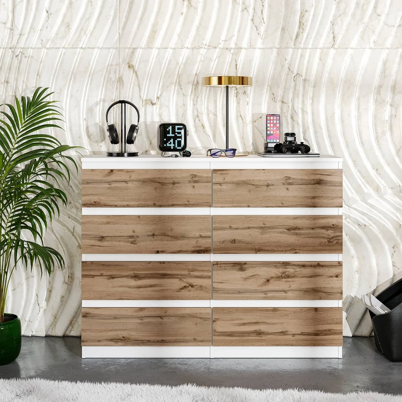 GABRIEL - Kommode / Sideboard mit 8 Schubladen - Weiß Matt / Wotan Eiche H92cm B120cm T33cm