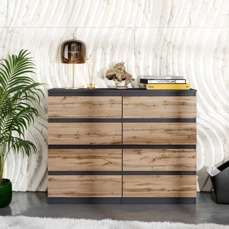 GABRIEL - Kommode / Sideboard mit 8 Schubladen - Anthrazit Grau / Wotan Eiche H92cm B120cm T33cm