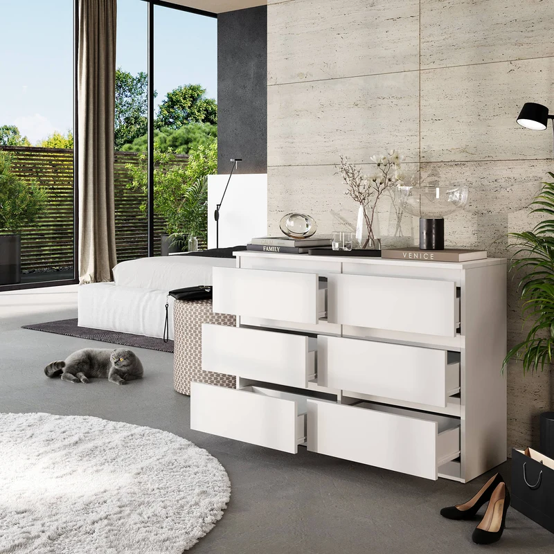 GABRIEL - Kommode / Sideboard mit 6 Schubladen - Weiß Matt H71cm B100cm T33cm