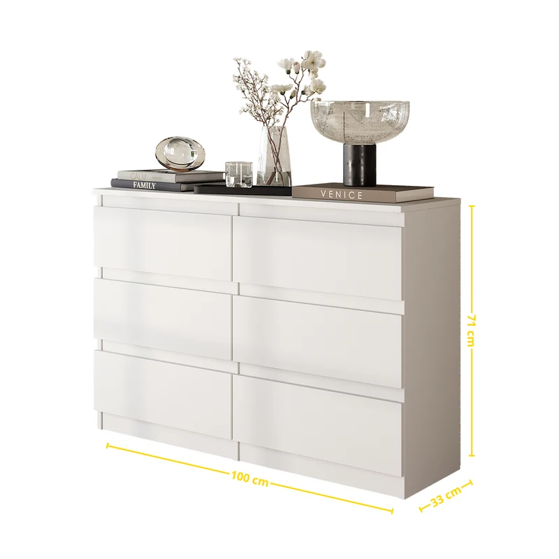 GABRIEL - Kommode / Sideboard mit 6 Schubladen - Weiß Matt / Weiß Gloss H71cm B100cm T33cm