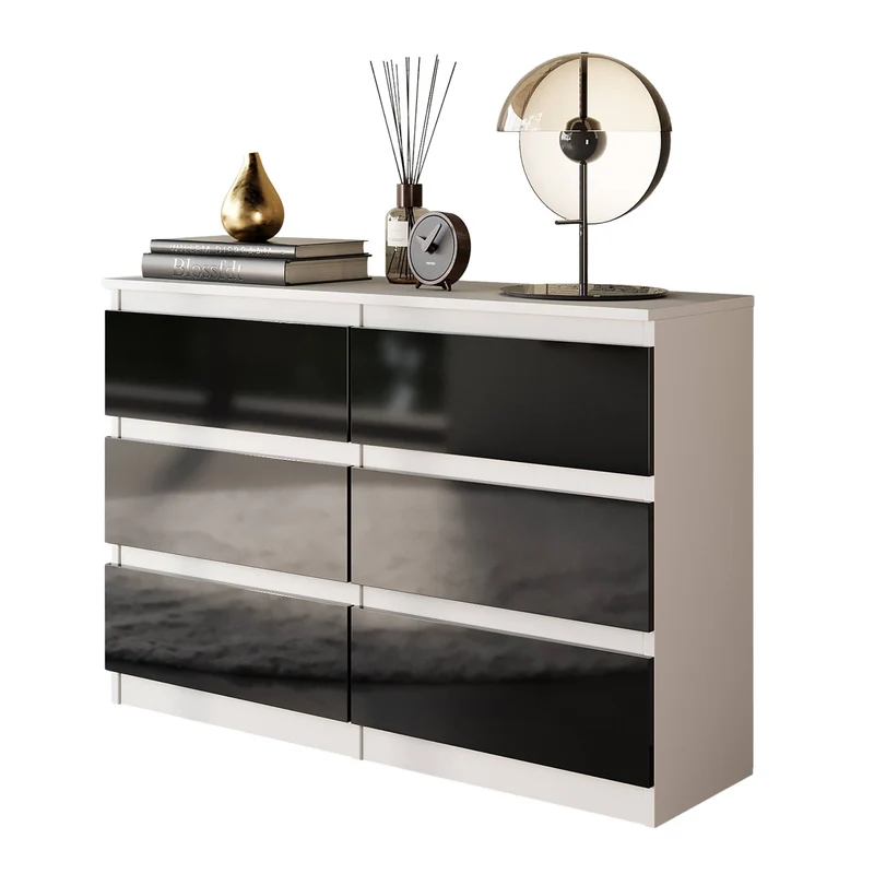 GABRIEL - Kommode / Sideboard mit 6 Schubladen - Weiß Matt / Schwarz Gloss H71cm B100cm T33cm
