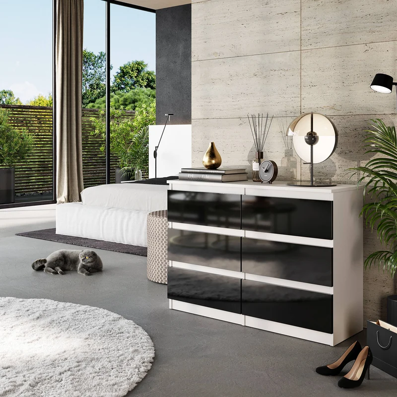 GABRIEL - Kommode / Sideboard mit 6 Schubladen - Weiß Matt / Schwarz Gloss H71cm B100cm T33cm