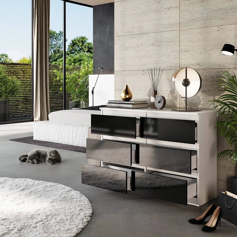 GABRIEL - Kommode / Sideboard mit 6 Schubladen - Weiß Matt / Schwarz Gloss H71cm B100cm T33cm