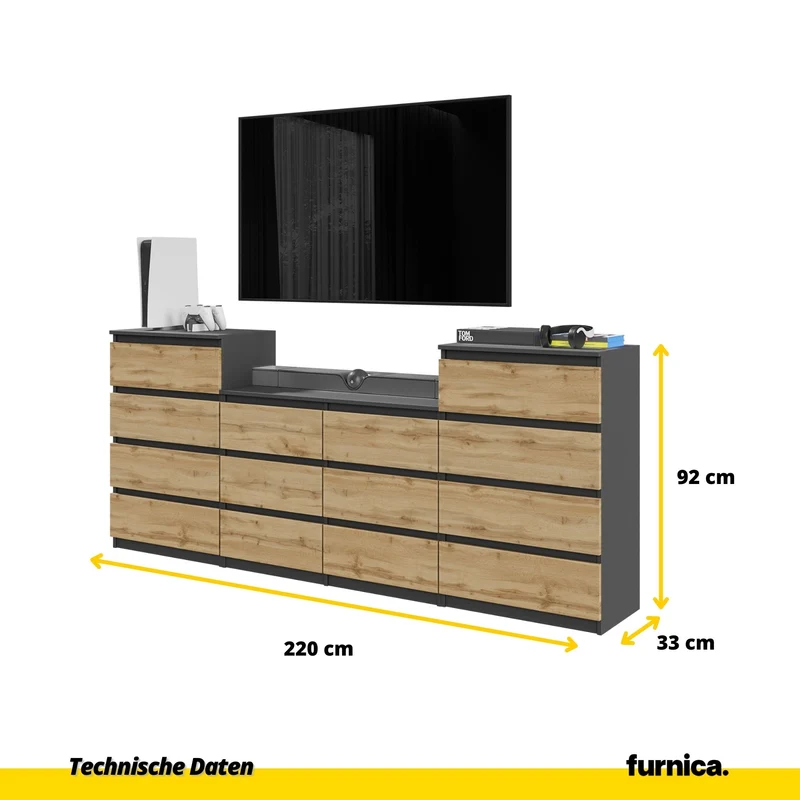 GABRIEL - Kommode / Sideboard mit 14 Schubladen (4+6+4) - Anthrazit Grau / Wotan Eiche H92/70cm B220cm T33cm
