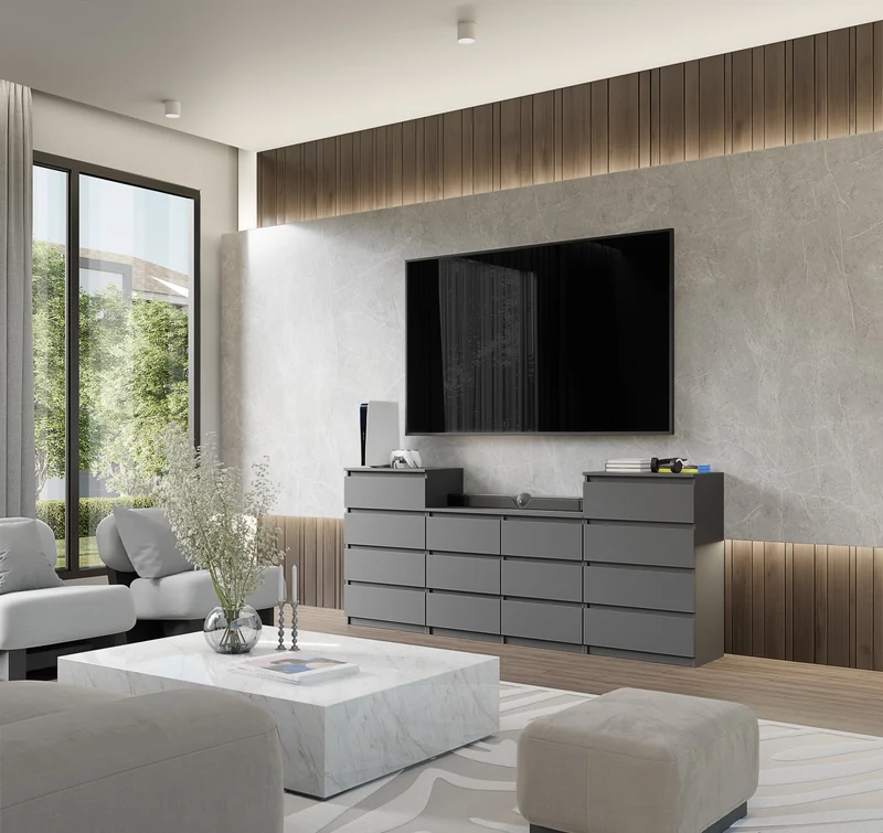 GABRIEL - Kommode / Sideboard mit 14 Schubladen (4+6+4) - Anthrazit Grau H92/70cm B220cm T33cm