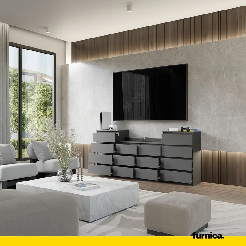 GABRIEL - Kommode / Sideboard mit 14 Schubladen (4+6+4) - Anthrazit Grau H92/70cm B220cm T33cm