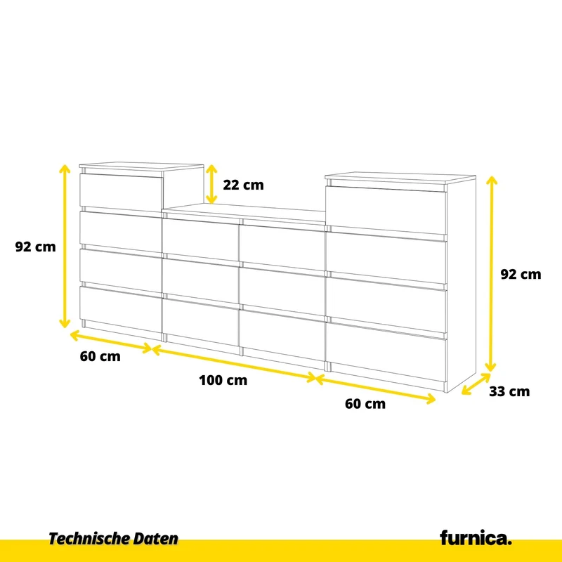 GABRIEL - Kommode / Sideboard mit 14 Schubladen (4+6+4) - Anthrazit Grau H92/70cm B220cm T33cm