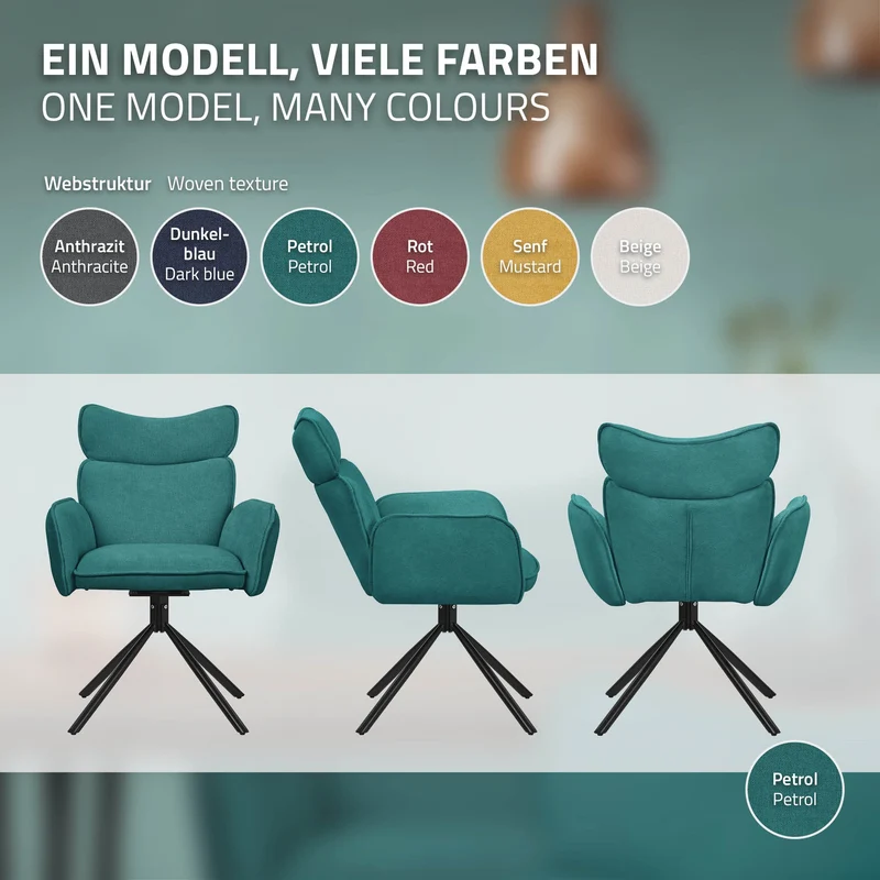 Esszimmerstuhl 2er Set drehbar Petrol mit Rücken- und Armlehne bis 120 kg ML-Design