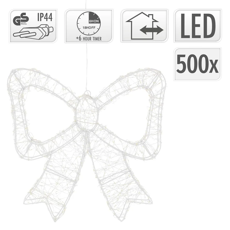 ECD Germany | LED Deko Schleife mit Timer 500 LED 33 cm Metall Warmweiß LED Schleife Weihnachten Weihnachtsdeko Weihnachtsbeleuchtung Außen