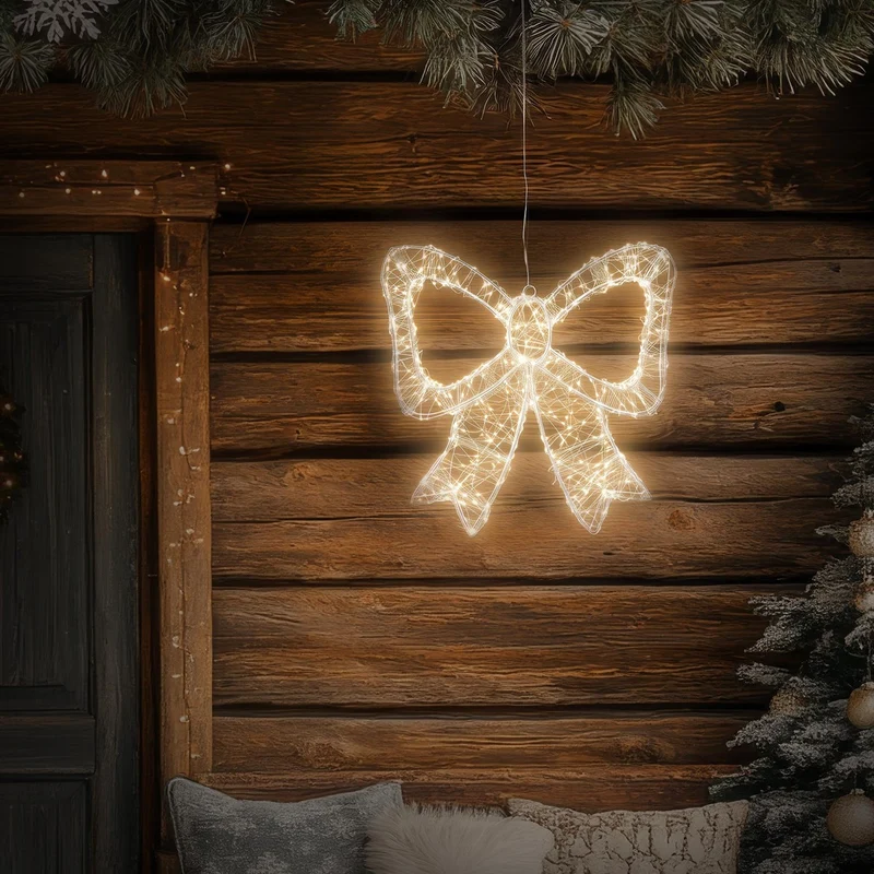 ECD Germany | LED Deko Schleife mit Timer 500 LED 33 cm Metall Warmweiß LED Schleife Weihnachten Weihnachtsdeko Weihnachtsbeleuchtung Außen