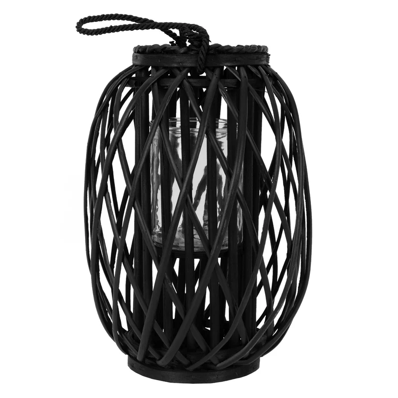 ECD Germany | Riedlaterne mit Henkel aus umweltfreundlichem RattanFlechtoptik, Windlicht, Kerzenhalter mit Glaseinsatz