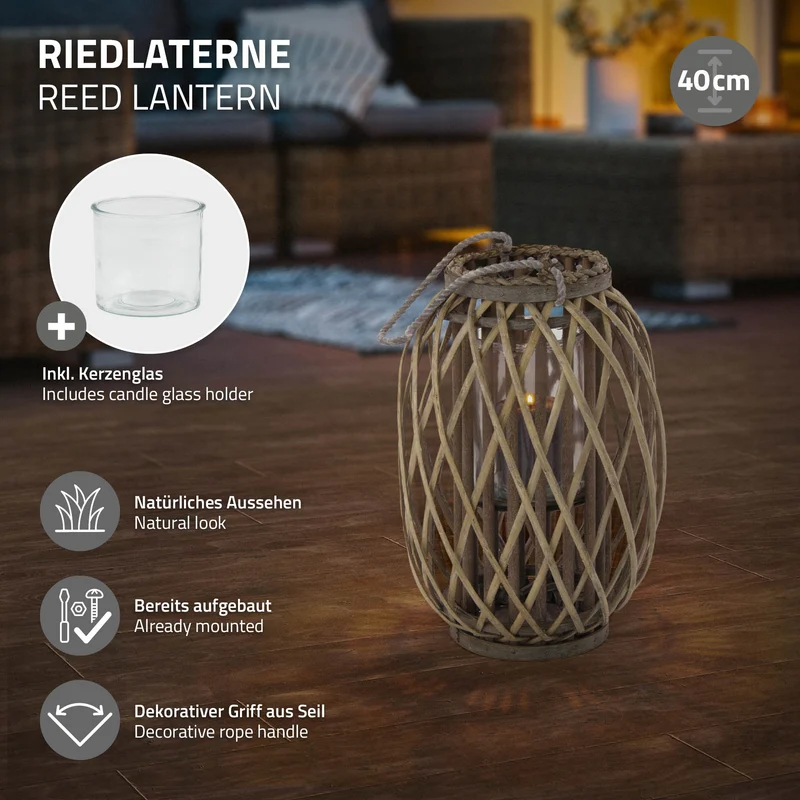 ECD Germany | Riedlaterne mit Henkel aus umweltfreundlichem RattanFlechtoptik, Windlicht, Kerzenhalter mit Glaseinsatz