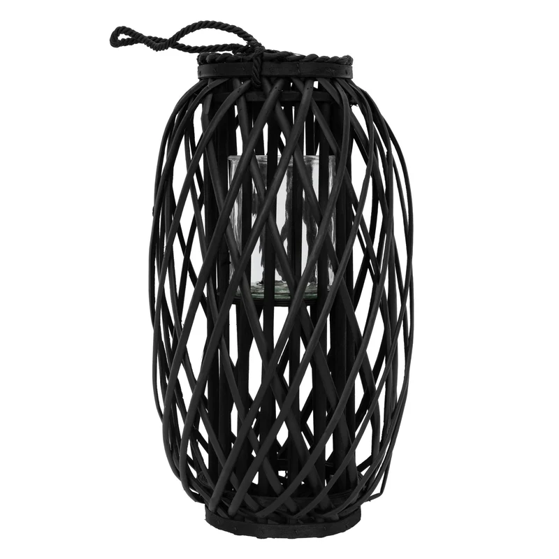 ECD Germany | Riedlaterne mit Henkel aus umweltfreundlichem RattanFlechtoptik, Windlicht, Kerzenhalter mit Glaseinsatz