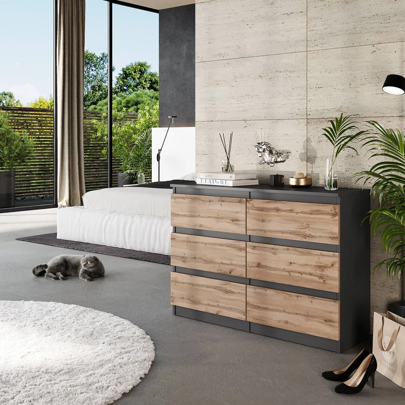 GABRIEL - Kommode / Sideboard mit 6 Schubladen - Anthrazit / Wotan Eiche H71cm B100cm T33cm