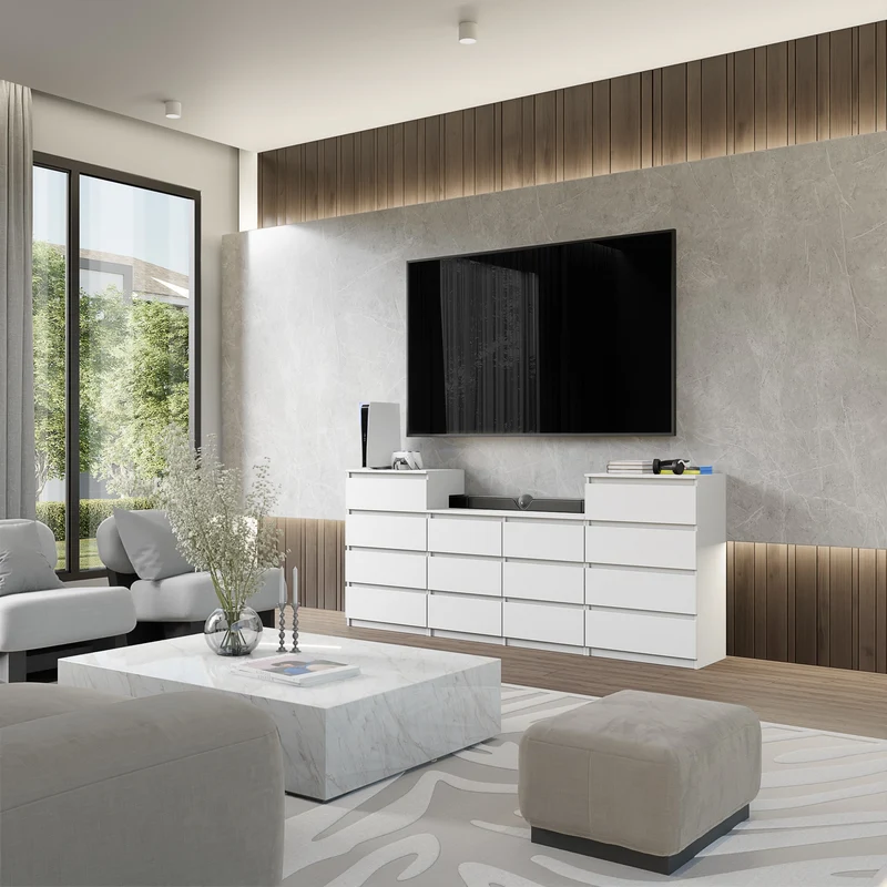 GABRIEL - Kommode / Sideboard mit 14 Schubladen (4+6+4) - Weiß Matt H92/70cm B220cm T33cm