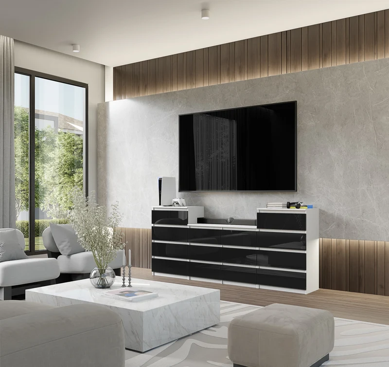 GABRIEL - Kommode / Sideboard mit 14 Schubladen (4+6+4) - Weiß Matt / Schwarz Gloss H92/70cm B220cm T33cm