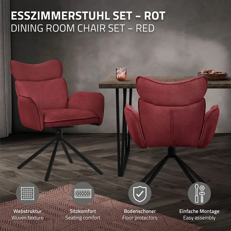 Esszimmerstuhl 6er Set drehbar Rot mit Rücken- und Armlehne bis 120 kg ML-Design