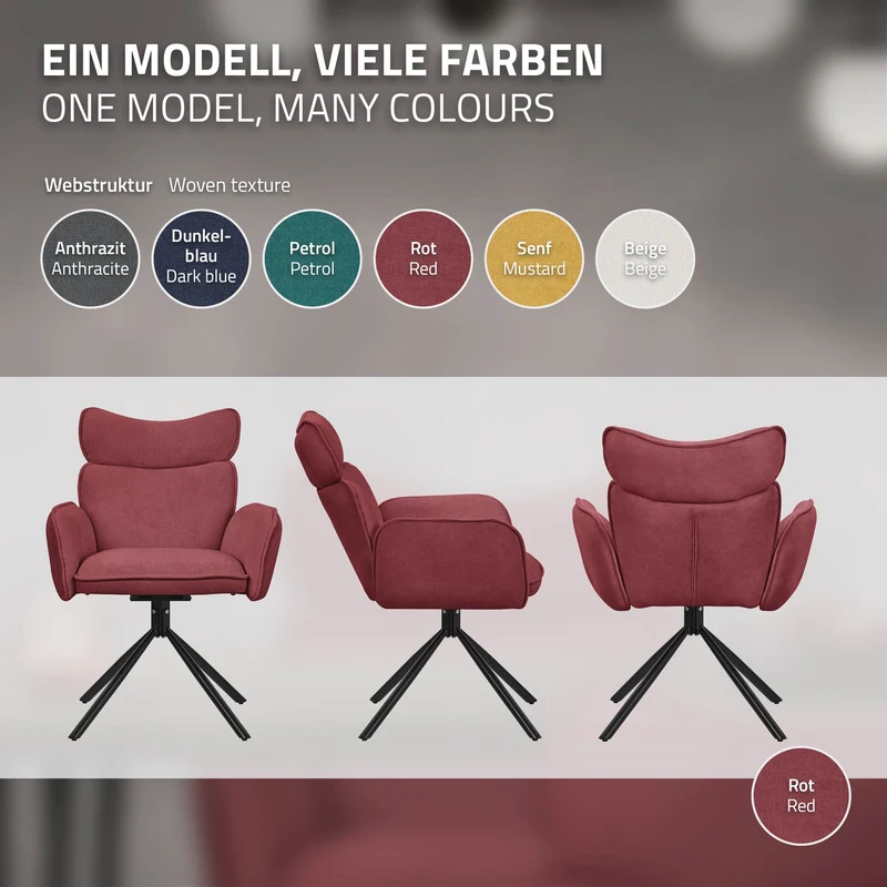 Esszimmerstuhl 6er Set drehbar Rot mit Rücken- und Armlehne bis 120 kg ML-Design