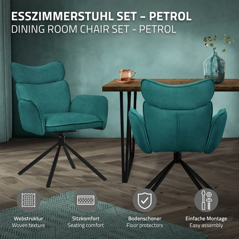 Esszimmerstuhl 6er Set drehbar Petrol mit Rücken- und Armlehne bis 120 kg ML-Design