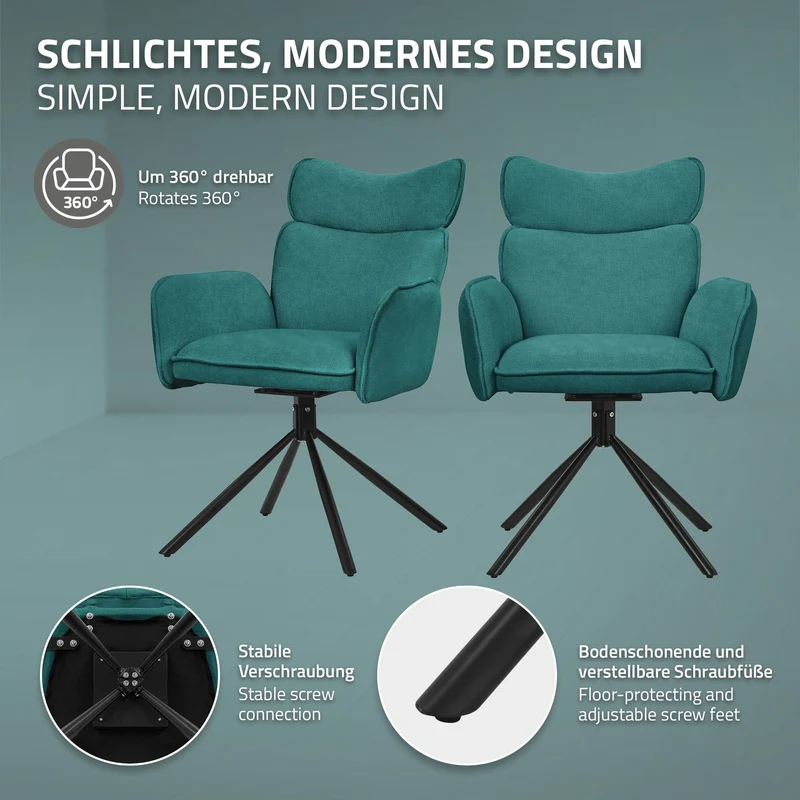 Esszimmerstuhl 6er Set drehbar Petrol mit Rücken- und Armlehne bis 120 kg ML-Design