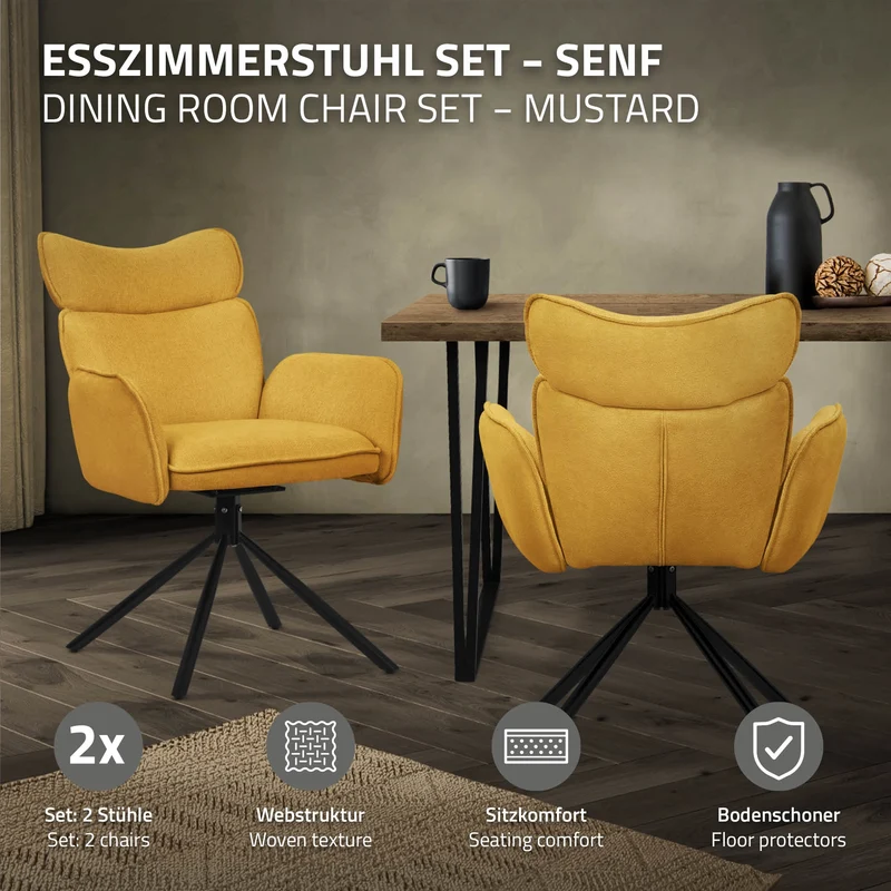 Esszimmerstuhl 2er Set drehbar Senf mit Rücken- und Armlehne bis 120 kg ML-Design