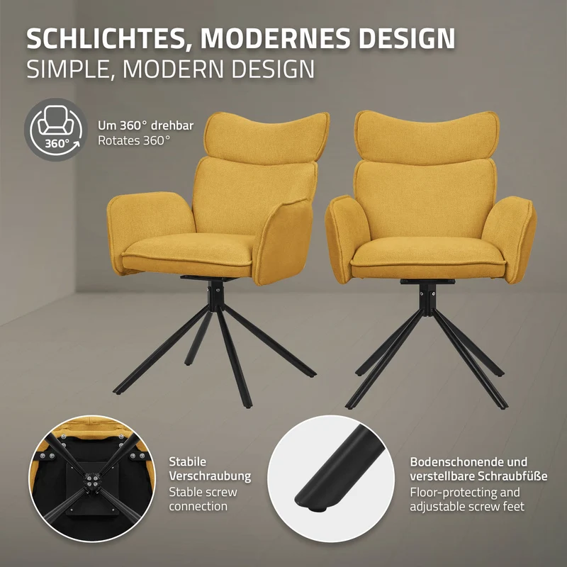 Esszimmerstuhl 2er Set drehbar Senf mit Rücken- und Armlehne bis 120 kg ML-Design