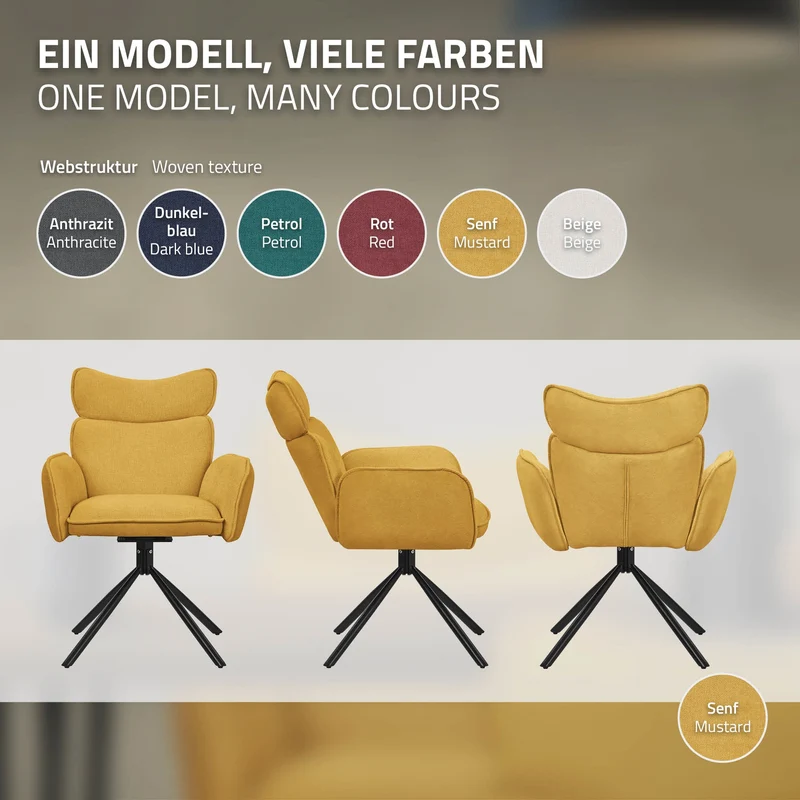 Esszimmerstuhl 2er Set drehbar Senf mit Rücken- und Armlehne bis 120 kg ML-Design