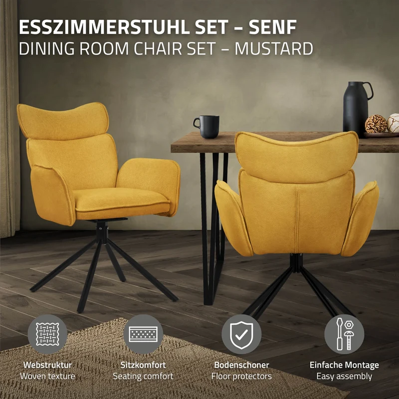 Esszimmerstuhl 4er Set drehbar Senf mit Rücken- und Armlehne bis 120 kg ML-Design