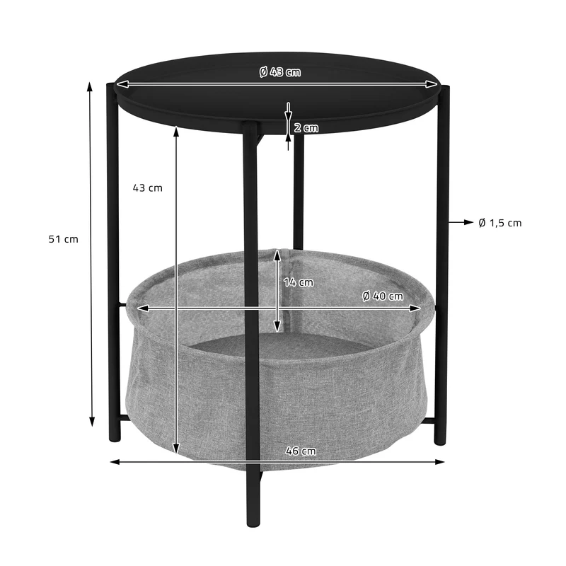 ML-Design | Beistelltisch rund Ø 46x51 cm aus Metall, Sofatisch inkl. Tablett und Stoffkorb mit Stauraum