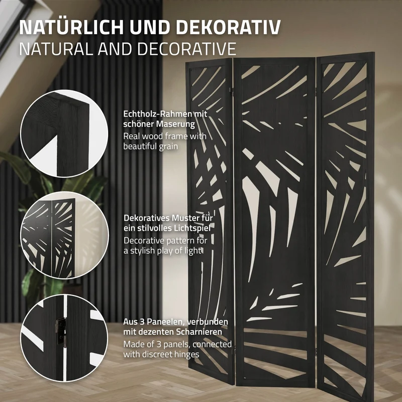Paravent 3 teilig 170x121 cm Raumteiler faltbar aus Holz Sapporo ML-Design