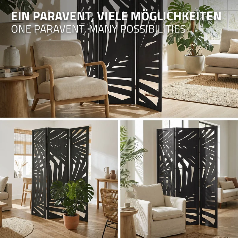 Paravent 3 teilig 170x121 cm Raumteiler faltbar aus Holz Sapporo ML-Design