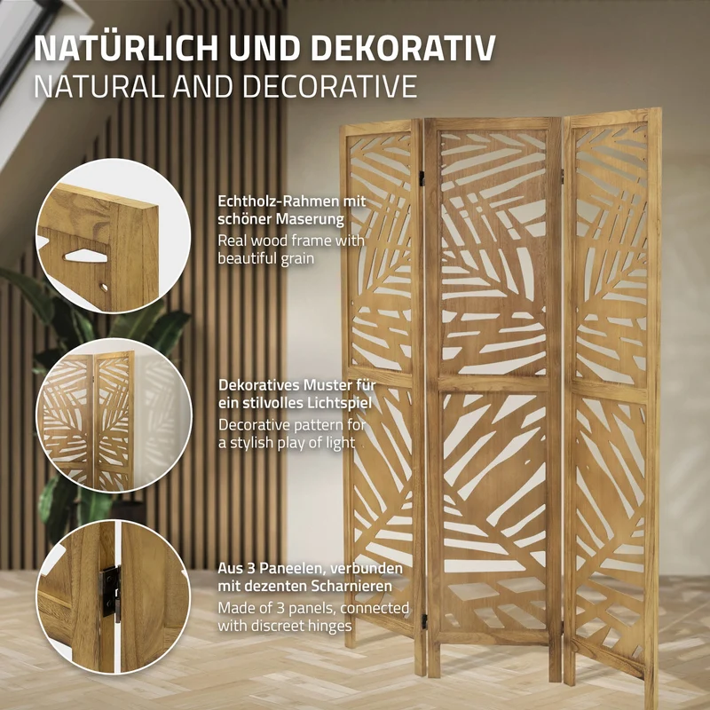 Paravent 3 teilig 170x121 cm Raumteiler faltbar aus Holz Kyoto ML-Design