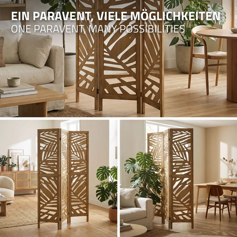 Paravent 3 teilig 170x121 cm Raumteiler faltbar aus Holz Kyoto ML-Design