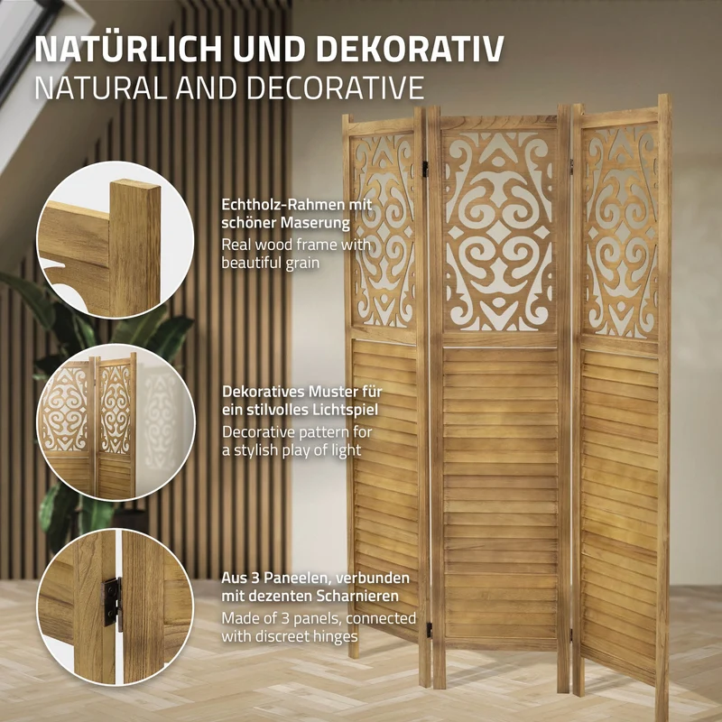 Paravent 3 teilig 170x121 cm Raumteiler faltbar aus Holz Tokio ML-Design