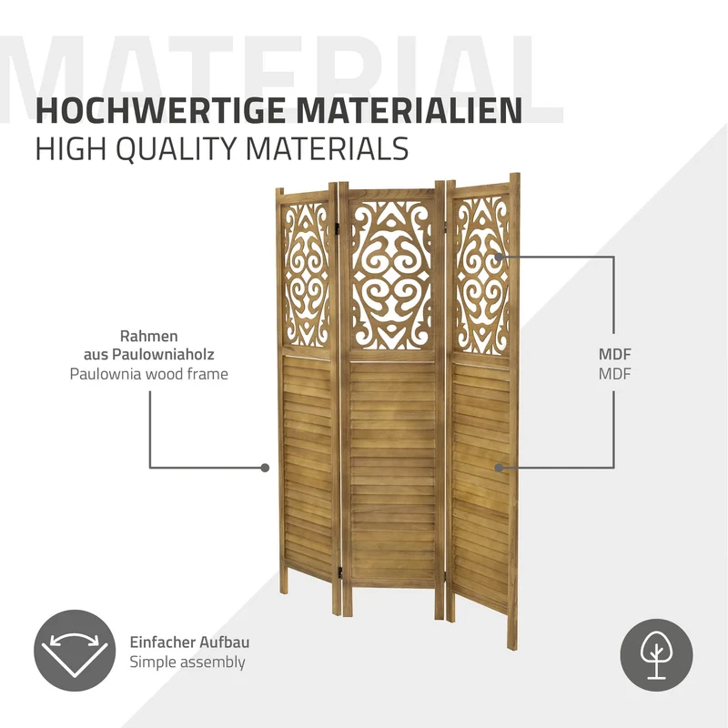 Paravent 3 teilig 170x121 cm Raumteiler faltbar aus Holz Tokio ML-Design