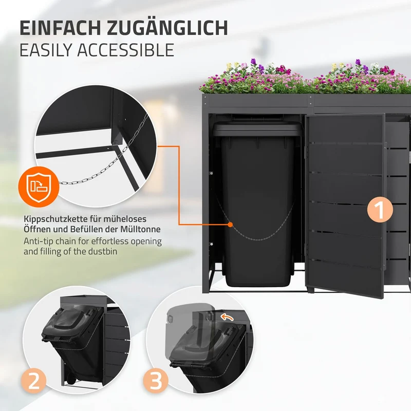 Mülltonnenbox Mülltonnenverkleidung Streben Design mit Pflanzdach für bis zu 4 Tonnen je 240L aus Stahl