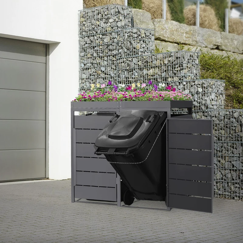 Mülltonnenbox Mülltonnenverkleidung Streben Design mit Pflanzdach für bis zu 4 Tonnen je 240L aus Stahl