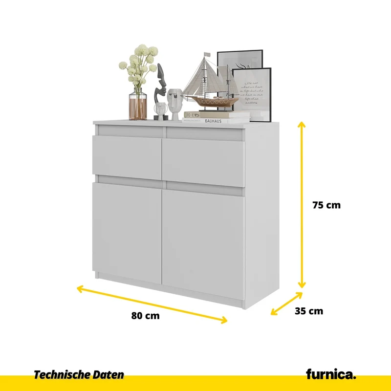 NOAH - Kommode / Sideboard mit 2 Schubladen und 2 Türen - Weiß Matt H75cm B80cm T35cm