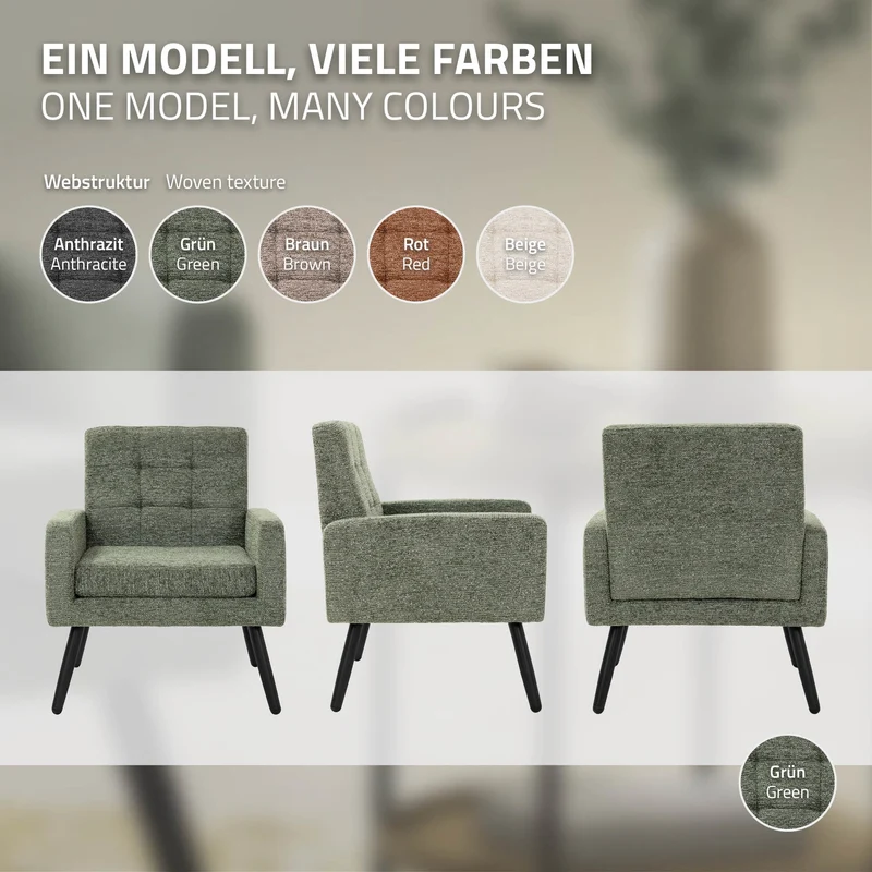 ML-DESIGN | Sessel mit Armlehnen 66,5x80x63,5 cm Stahlgestell/Webstruktur Grün Relaxsessel Lesesessel Polstersessel Fernsehsessel für Wohnzimmer