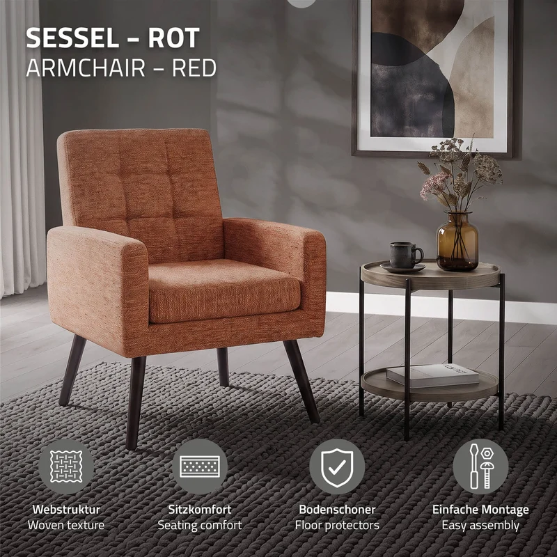 ML-DESIGN | Sessel mit Armlehnen 66,5x80x63,5 cm Stahlgestell/Webstruktur Rot Relaxsessel Lesesessel Polstersessel Fernsehsessel für Wohnzimmer