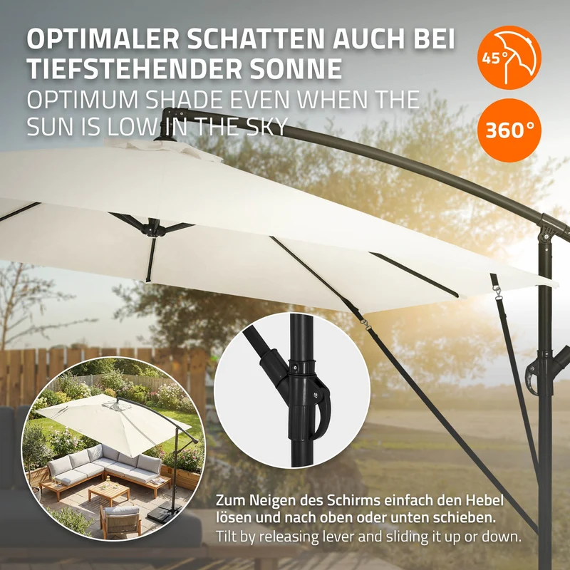 B-Ware Ampelschirm Ø 330 cm Beige 360° Alu Rechteckig Sonnenschirm mit Kurbel, Abdeckung & Ständer ML-Design