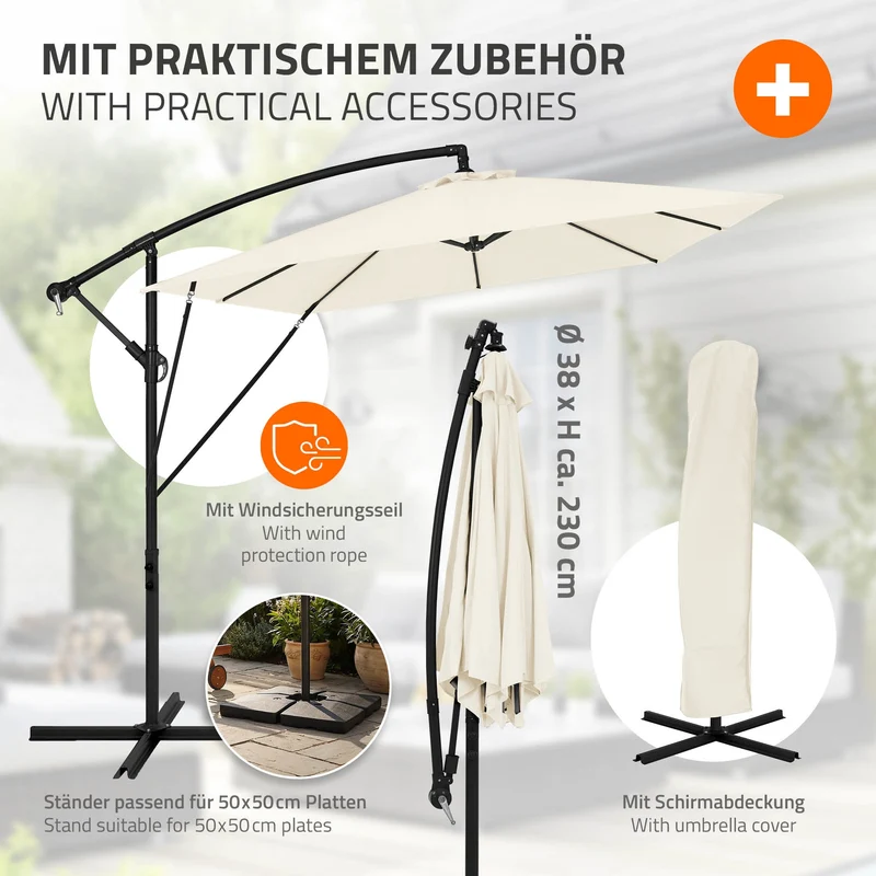B-Ware Ampelschirm Ø 330 cm Beige 360° Alu Rechteckig Sonnenschirm mit Kurbel, Abdeckung & Ständer ML-Design