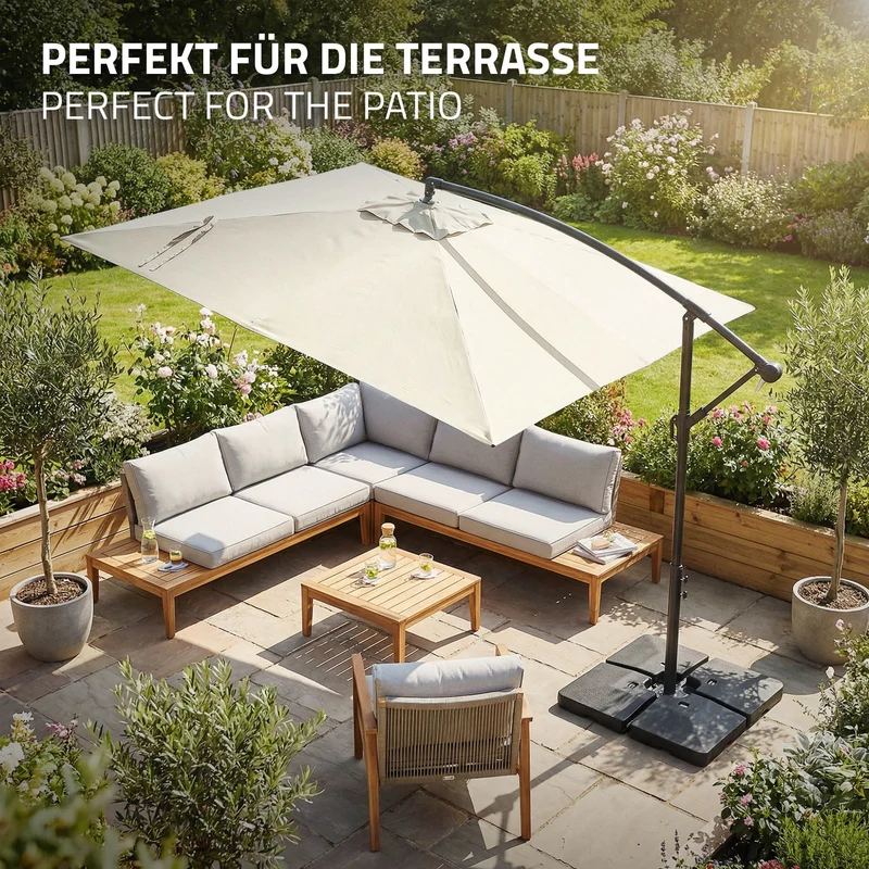 B-Ware Ampelschirm Ø 330 cm Beige 360° Alu Rechteckig Sonnenschirm mit Kurbel, Abdeckung & Ständer ML-Design