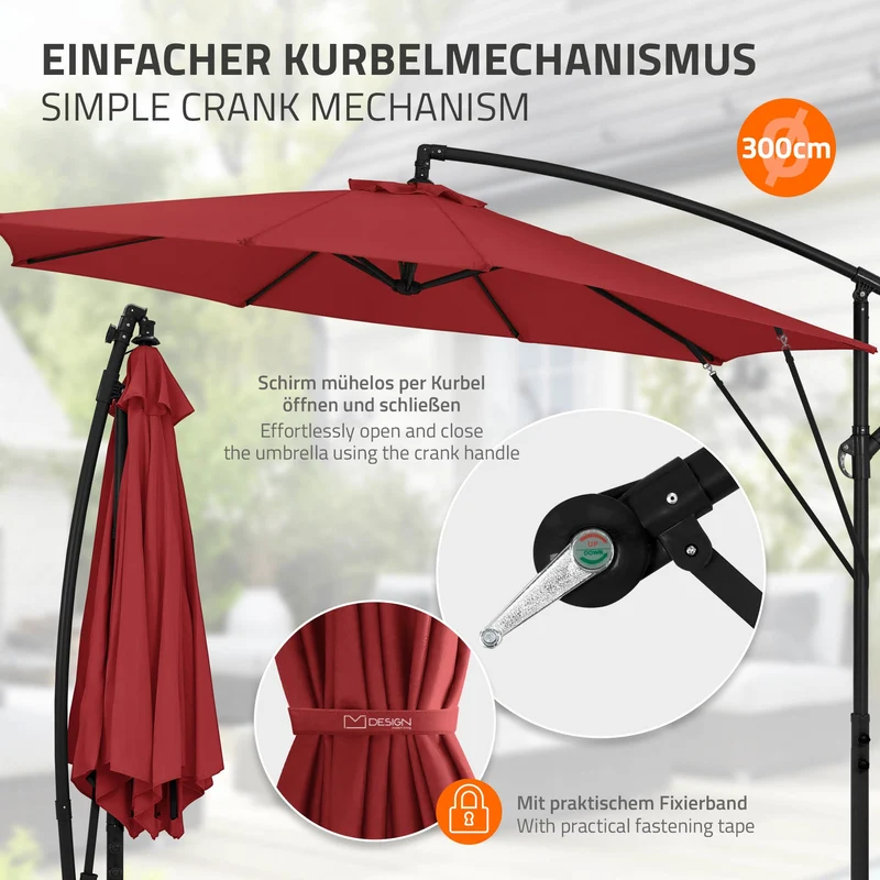 B-Ware Ampelschirm Ø 300 cm Rot 360° Alu Sonnenschirm mit Kurbel, Abdeckung & Ständer ML-Design