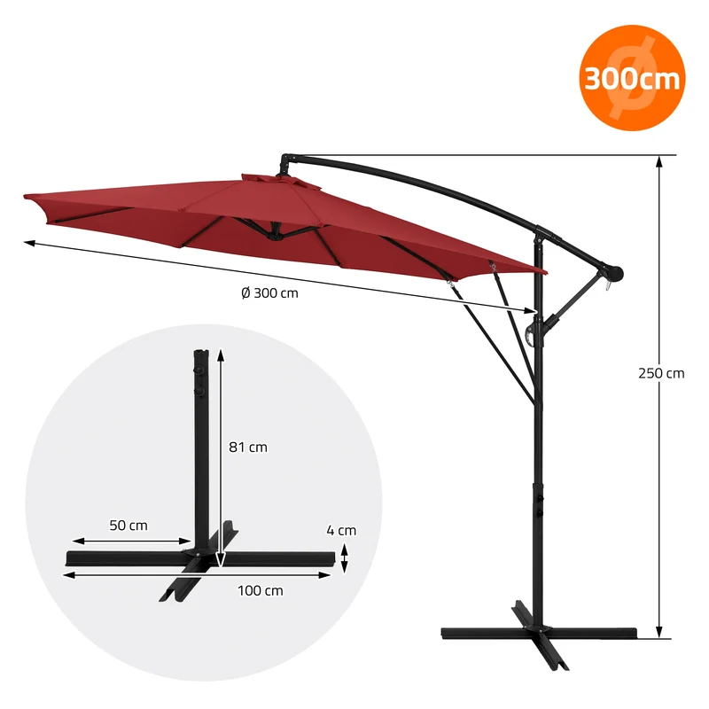 B-Ware Ampelschirm Ø 300 cm Rot 360° Alu Sonnenschirm mit Kurbel, Abdeckung & Ständer ML-Design