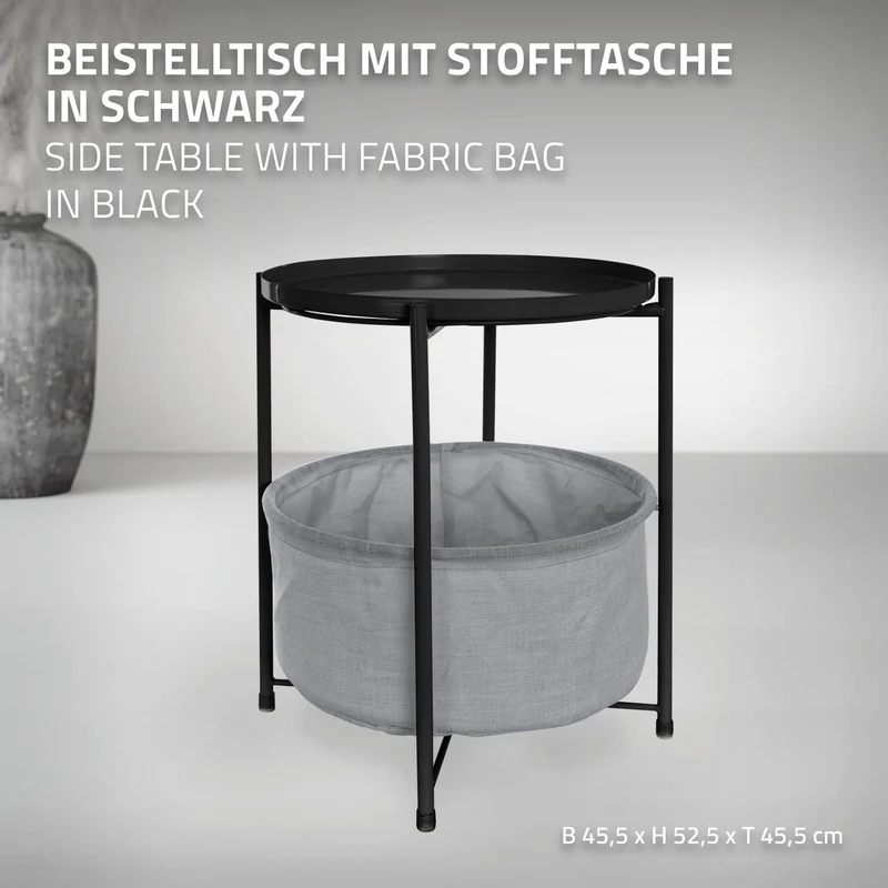 ML-Design | Beistelltisch rund mit Stoffkorb & Abnehmbarer Tablett 45,5x52,5 cm aus Metall, Sofatisch mit Stauraum