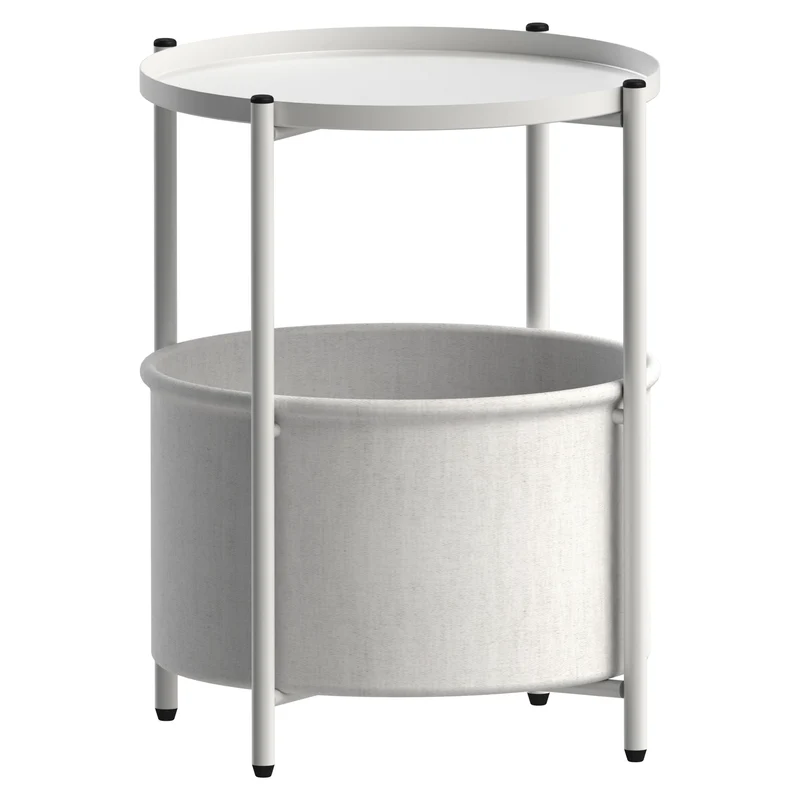 Beistelltisch rund 45,5x52,5 cm Weiß aus Metall inkl. Stoffkorb und Tablett ML-Design