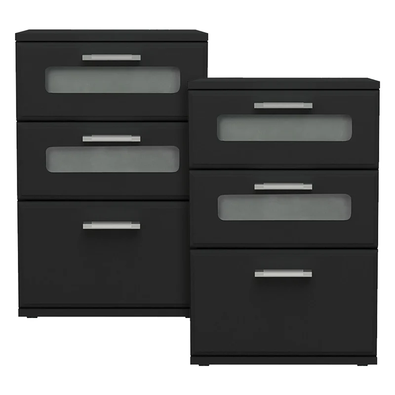 2er Set Nachttisch mit drei Schubladen 40x60x38 cm Schwarz aus Holz ML-Design