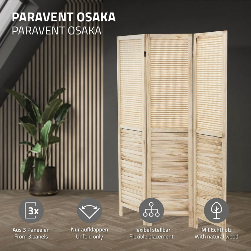 Paravent 3 teilig 170x121 cm Raumteiler faltbar aus Holz Osaka ML-Design