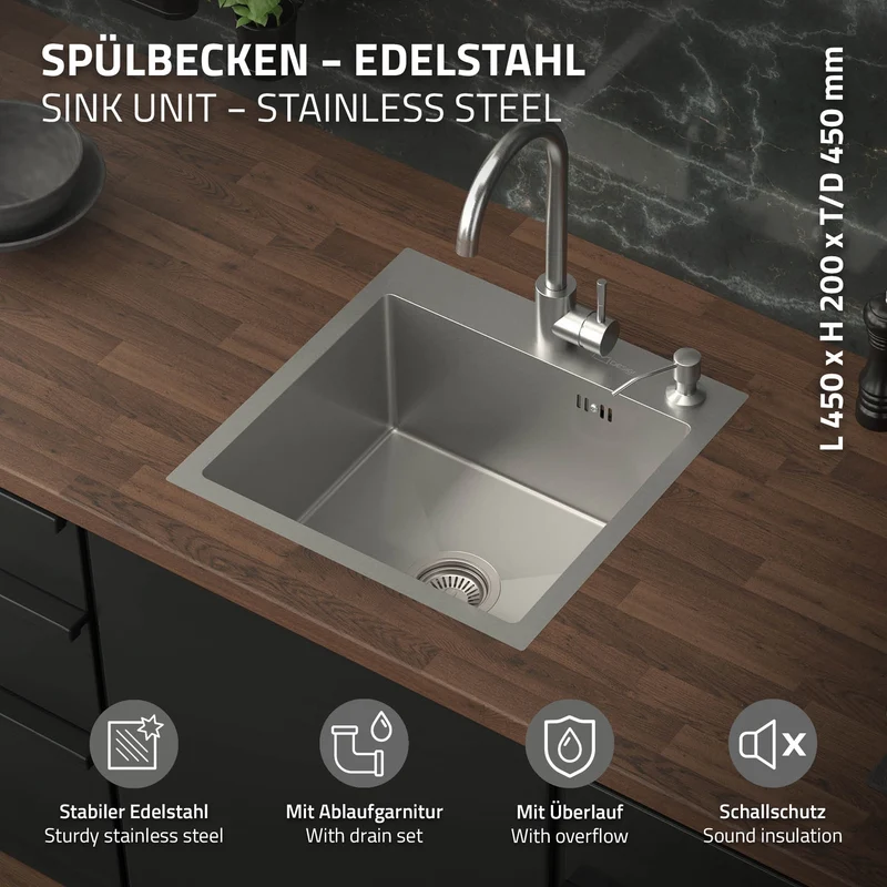 B-Ware Einbauspüle 45x45 cm Silber mit Ablaufgarnitur und Überlauf aus Edelstahl ML-Design